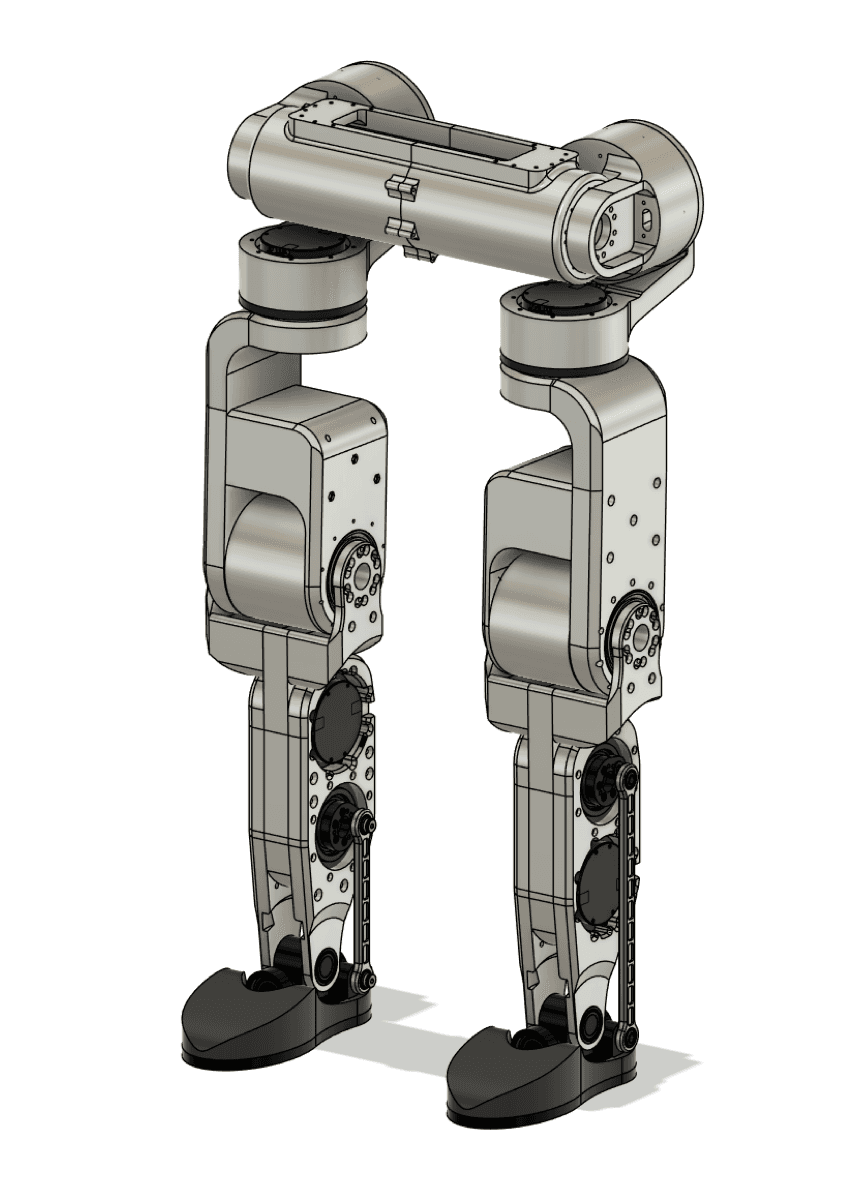 Humanoid leg CAD render, silver finish