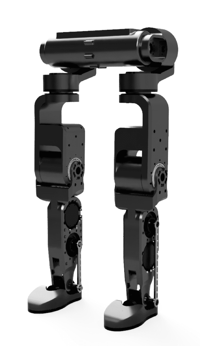 Humanoid leg CAD render, black finish