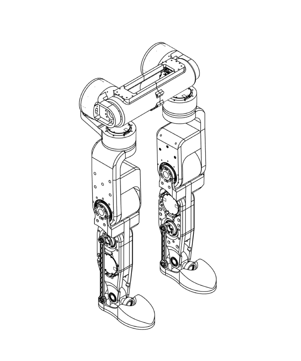 Humanoid leg CAD render, line art view
